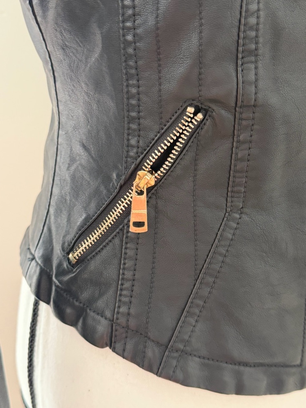 Women's Black Faux Leather Asymmetric Zip Jacket with Gold Hardware - Picture 4 of 12